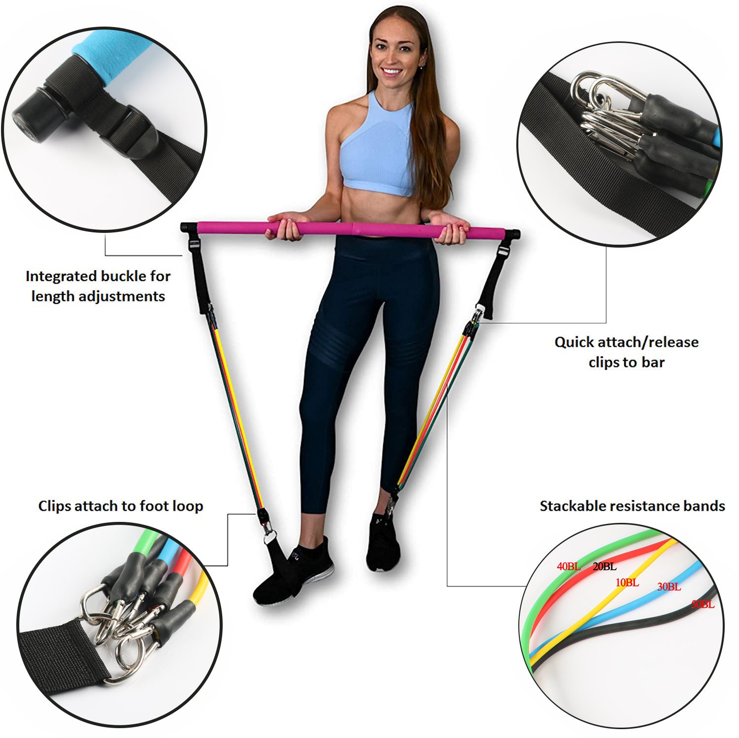 Fitness Yoga Pilates Bar with Resistance Bands – Portable Home Workout Equipment - As Fitness